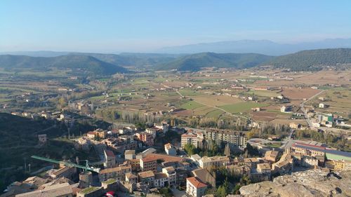 High angle view of buildings against sky