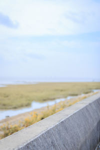 Close-up of road by land against sky