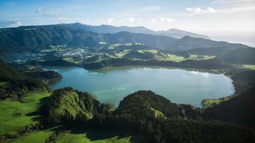 Scenic view of lake amidst mountains against sky