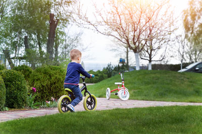 Boy riding motorcycle on bicycle against trees