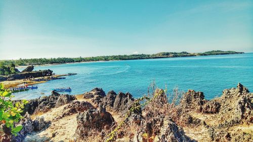 Scenic view of sea against clear blue sky