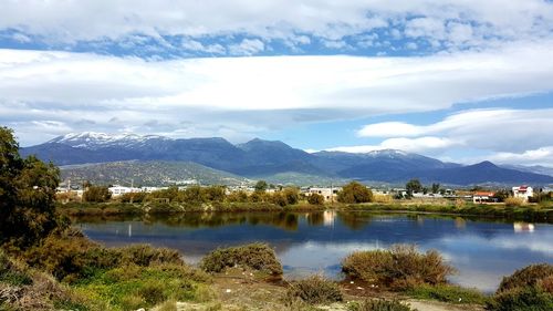 Scenic view of lake against cloudy sky