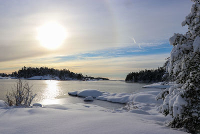 Scenic view of frozen lake against sky during sunset