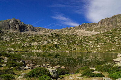 Scenic view of lake and mountains against sky