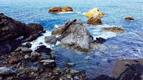 High angle view of rocks in sea