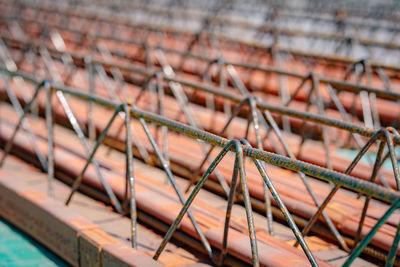 High angle view of barbed wire on roof