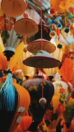 Close-up of illuminated lanterns hanging at market stall