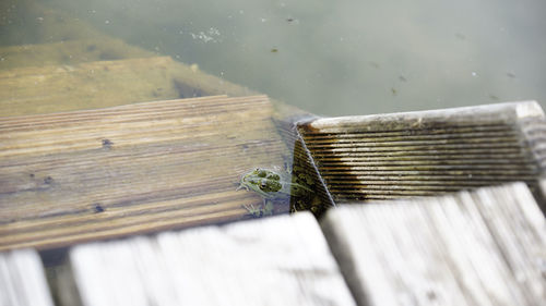 High angle view of wooden fence on table