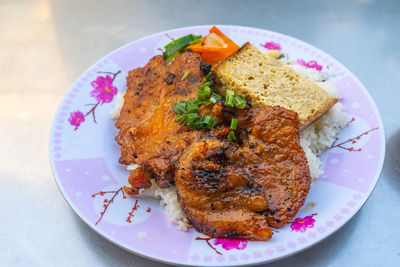 High angle view of food served in plate