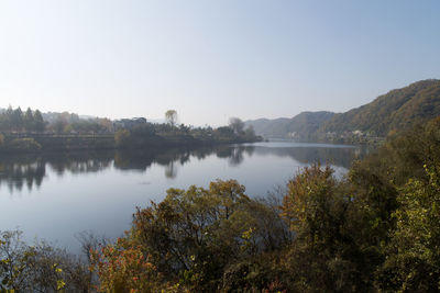 Scenic view of lake against clear sky