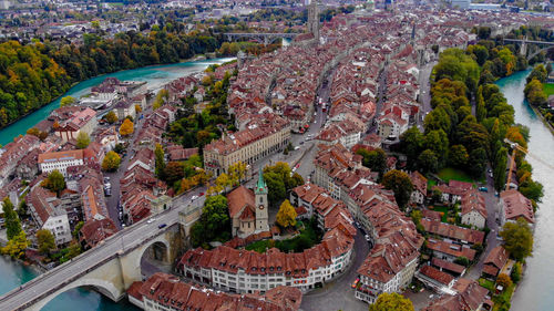 High angle view of buildings in town