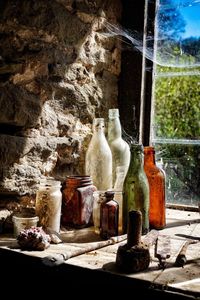 Close-up of wine bottles