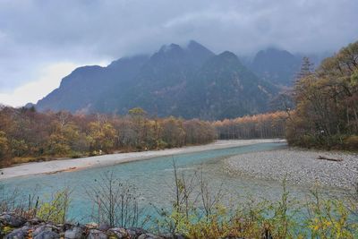 Scenic view of lake and mountains against sky