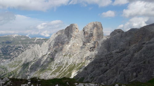 Low angle view of rock formations against sky