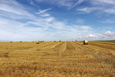 Hay bales on field against sky