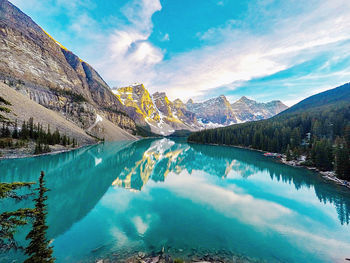 Scenic view of lake by mountains against sky