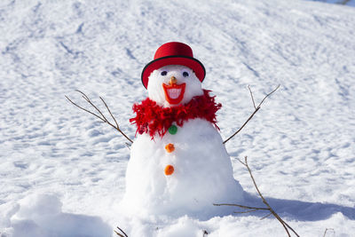 Low angle view of snowman on snow covered field