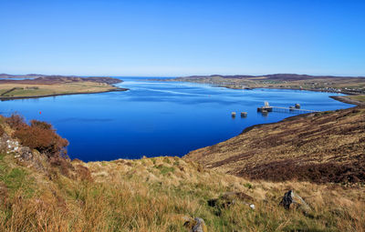 Scenic view of lake against blue sky