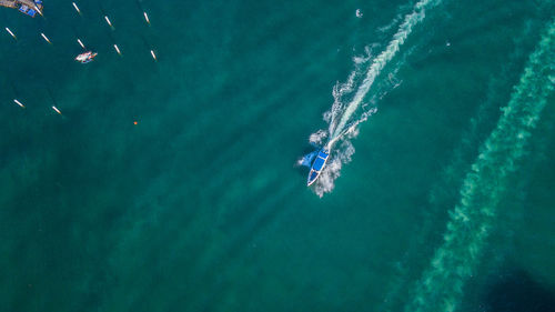 High angle view of sailboat in sea