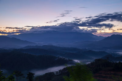 Beautiful nature landscape view of sunrise with nature misty foggy and mount kinabalu, sabah, borneo