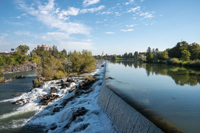 Beautiful idaho waterfall meeting snake river near temple with sky in background