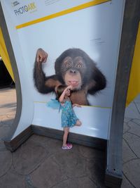 Portrait of monkey standing against wall