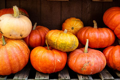 High angle view of pumpkins for sale at market