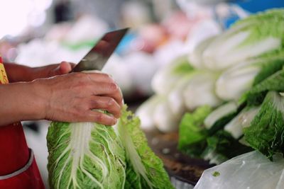 Cropped image of hand cutting vegetables at market