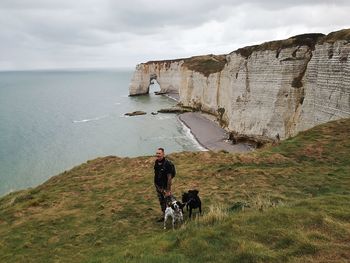 High angle view of man standing with dogs on cliff against sea