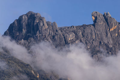 High section of rocky mountain against clear blue sky