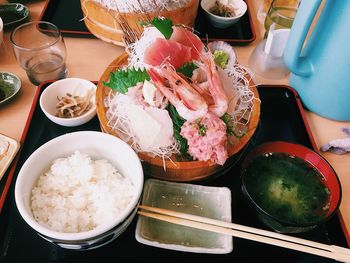 High angle view of various food on table