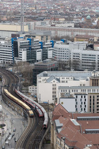 High angle view of street amidst buildings in city