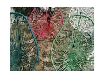 Low angle view of multi colored umbrellas