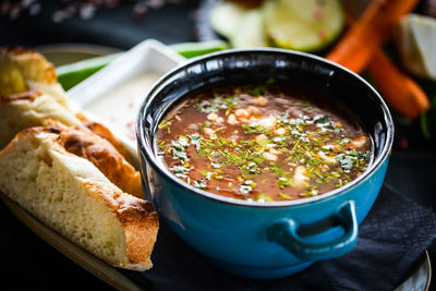 High angle view of soup in bowl on table