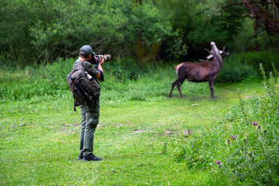 Wildlife photographer in camouflage clothing takes a photograph of a male wild deer in the forest.