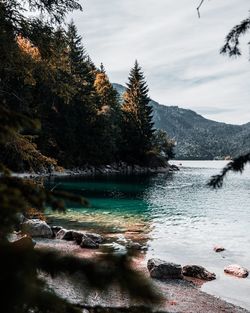Scenic view of lake against sky during winter