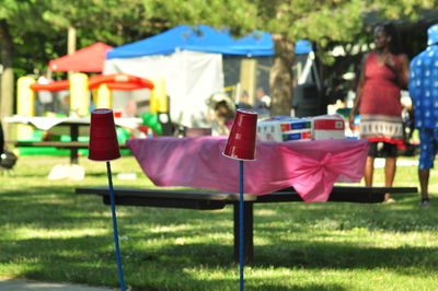 Disposable cups on blue rod at park