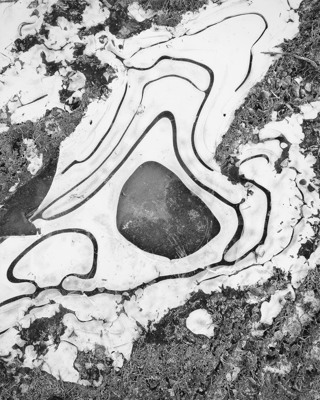 soil, no people, nature, day, high angle view, water, outdoors, black and white, environment, land, pattern