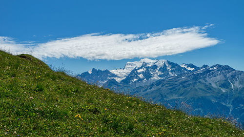 Scenic view of snowcapped mountains against sky