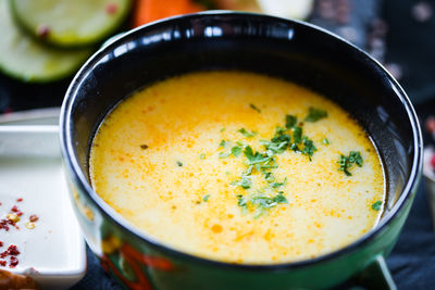 High angle view of soup in bowl