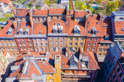 Panorama of traditional polish homes in warsaw old town. poland. aerial view