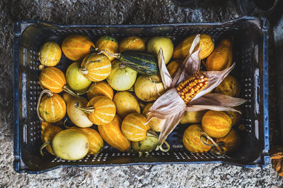 High angle view of squash and corn in crate
