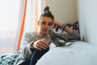 Man looking at bird at home