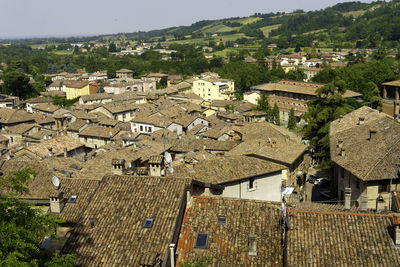 High angle view of houses in city