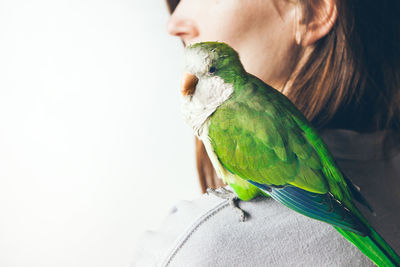 Midsection of woman with bird on shoulder