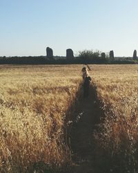 Rear view of woman standing on field against clear sky