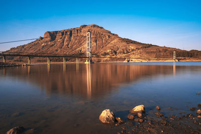 Scenic view of lake and rocks against blue sky