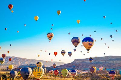 Multi colored hot air balloons flying in sky