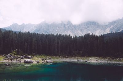 Scenic view of lake and trees against mountains during foggy weather