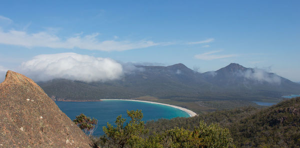 Scenic view of sea and mountains against sky